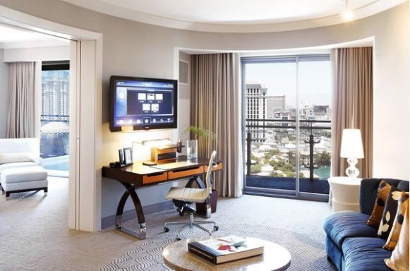 —The Cosmopolitan of Las Vegas, which targets the young and tech savvy, has 2,995 guest rooms in two 50-story towers. This suite includes a kitchenette, flat-screen TV and Japanese soaking tub. (Thomas Hart Shelby / The Cosmopolitan of Las Vegas via Bloomberg)